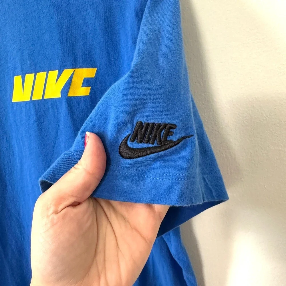 Nike Graphic Tee Shirt Sport Essentials Blue Red Yellow Swoosh Embroidered Large